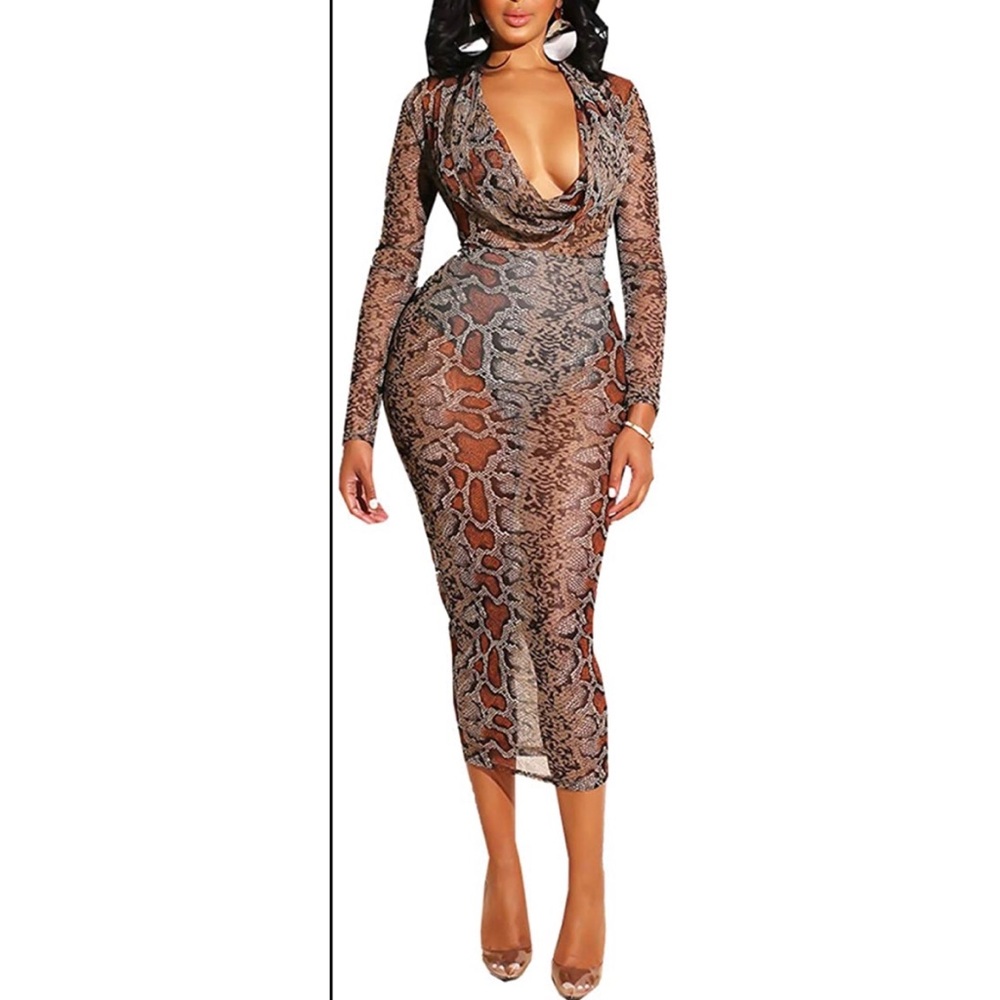 Off Shoulder Midi Dress Sheer Mesh Long Sleeve Bodycon Dress Cocktail leopard
